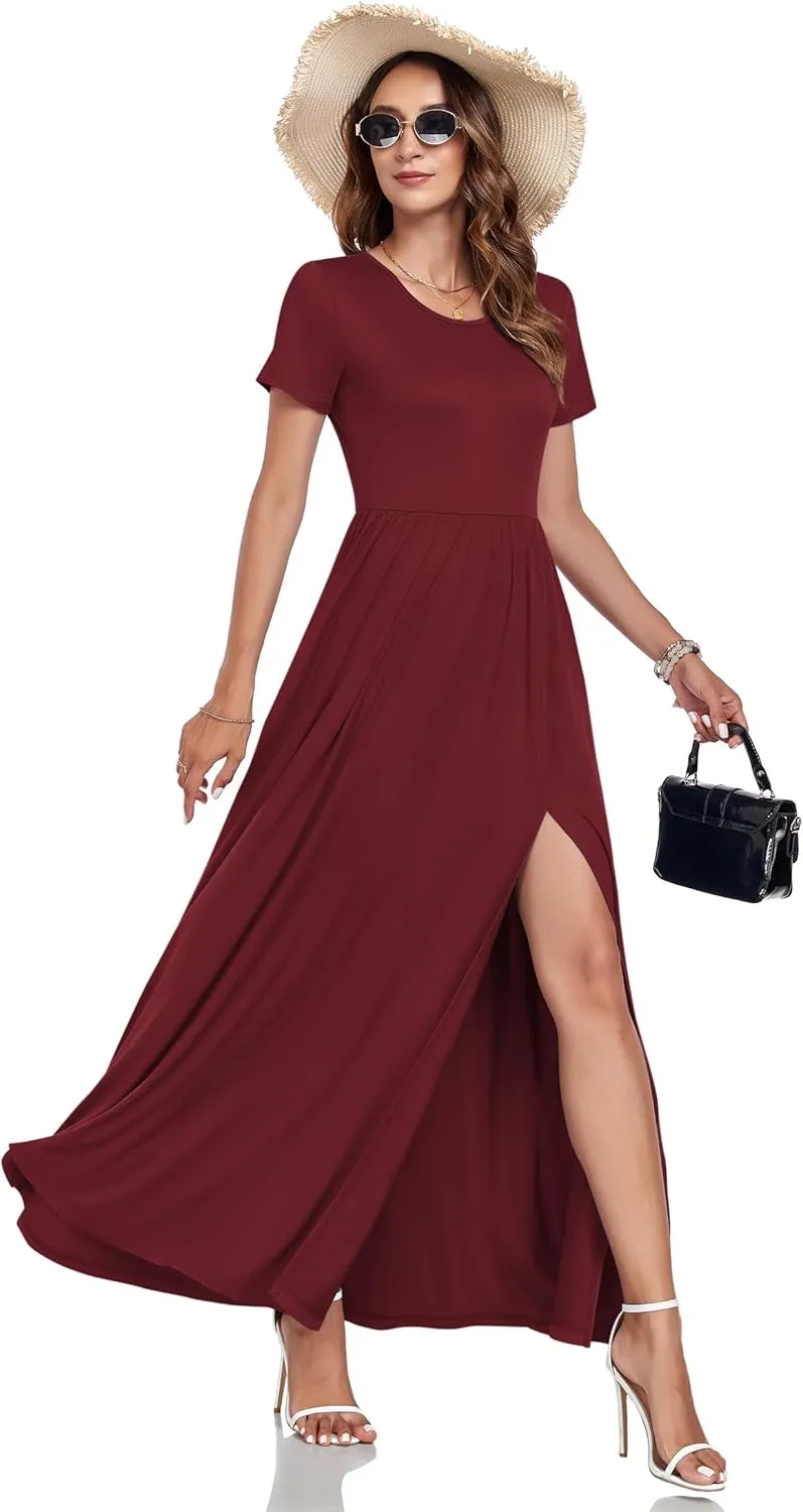 AUSELILY Women Maxi Dress 2025 Summer Short Sleeve Side Split Casual Long Dresses with Pockets