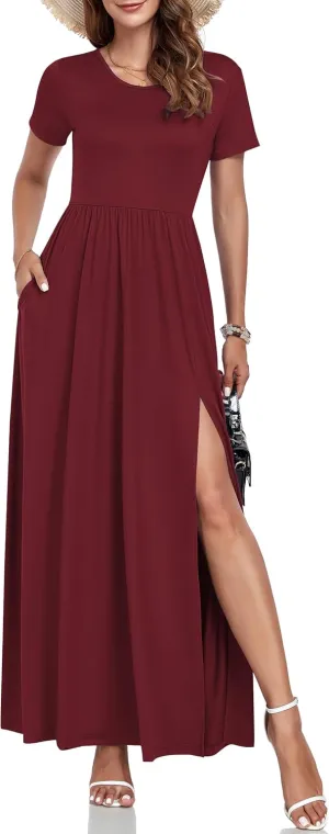 AUSELILY Women Maxi Dress 2025 Summer Short Sleeve Side Split Casual Long Dresses with Pockets