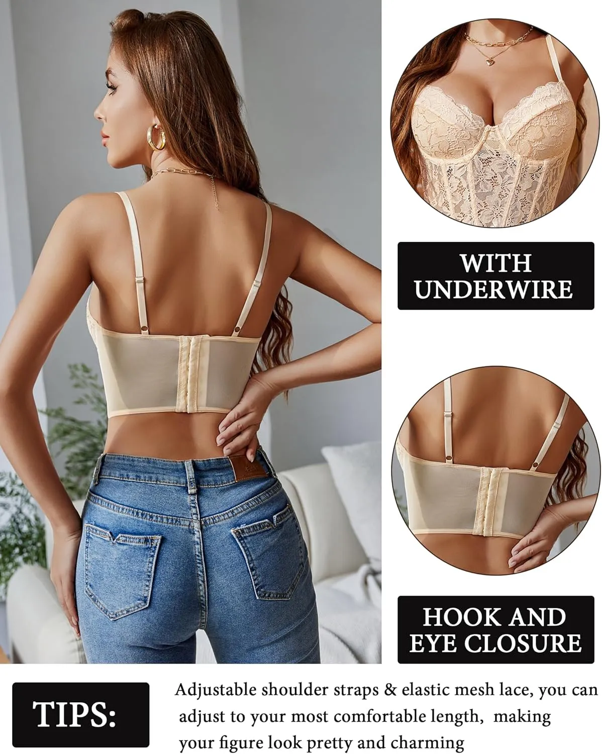 Avidlove Lace Bralette for Women V Neck Bustier Corset Tops with Underwired Racerback Adjustable Strap Crop Top