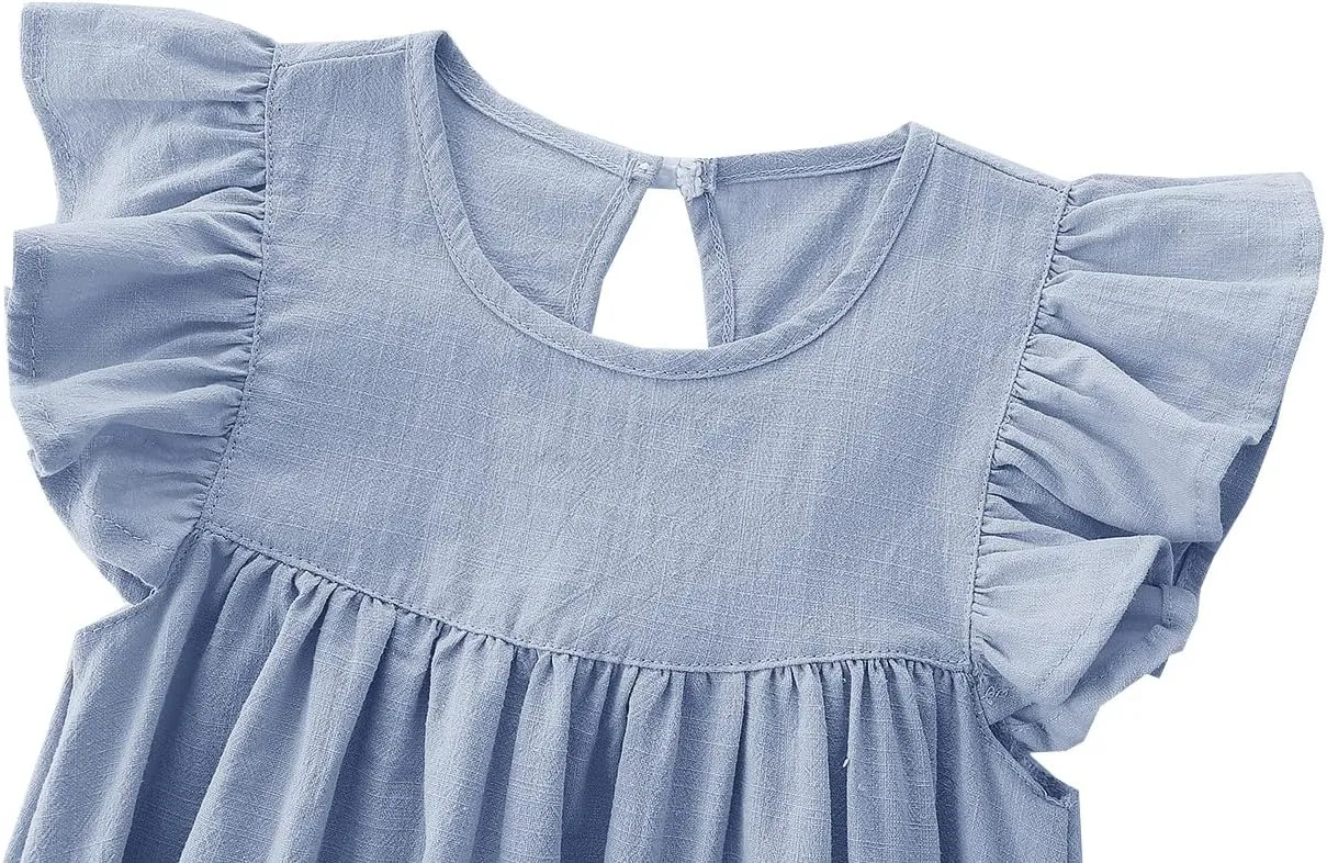 Baby Girls' Summer Cotton Linen Flutter Sleeve Dress Toddler Beach Sundress