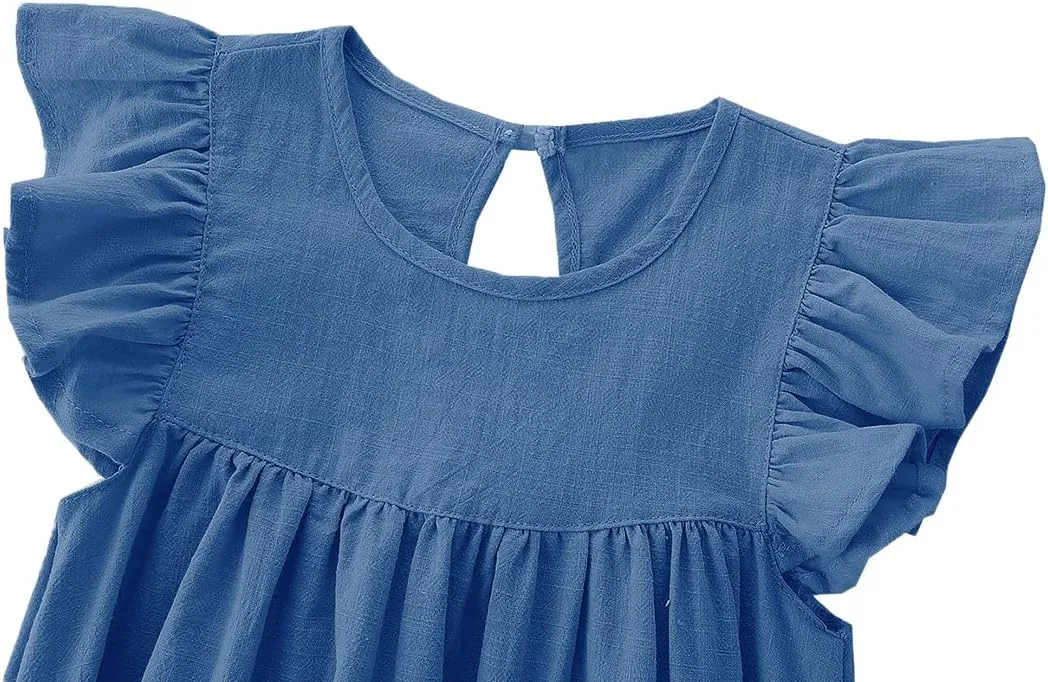 Baby Girls' Summer Cotton Linen Flutter Sleeve Dress Toddler Beach Sundress