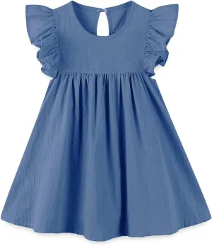 Baby Girls' Summer Cotton Linen Flutter Sleeve Dress Toddler Beach Sundress