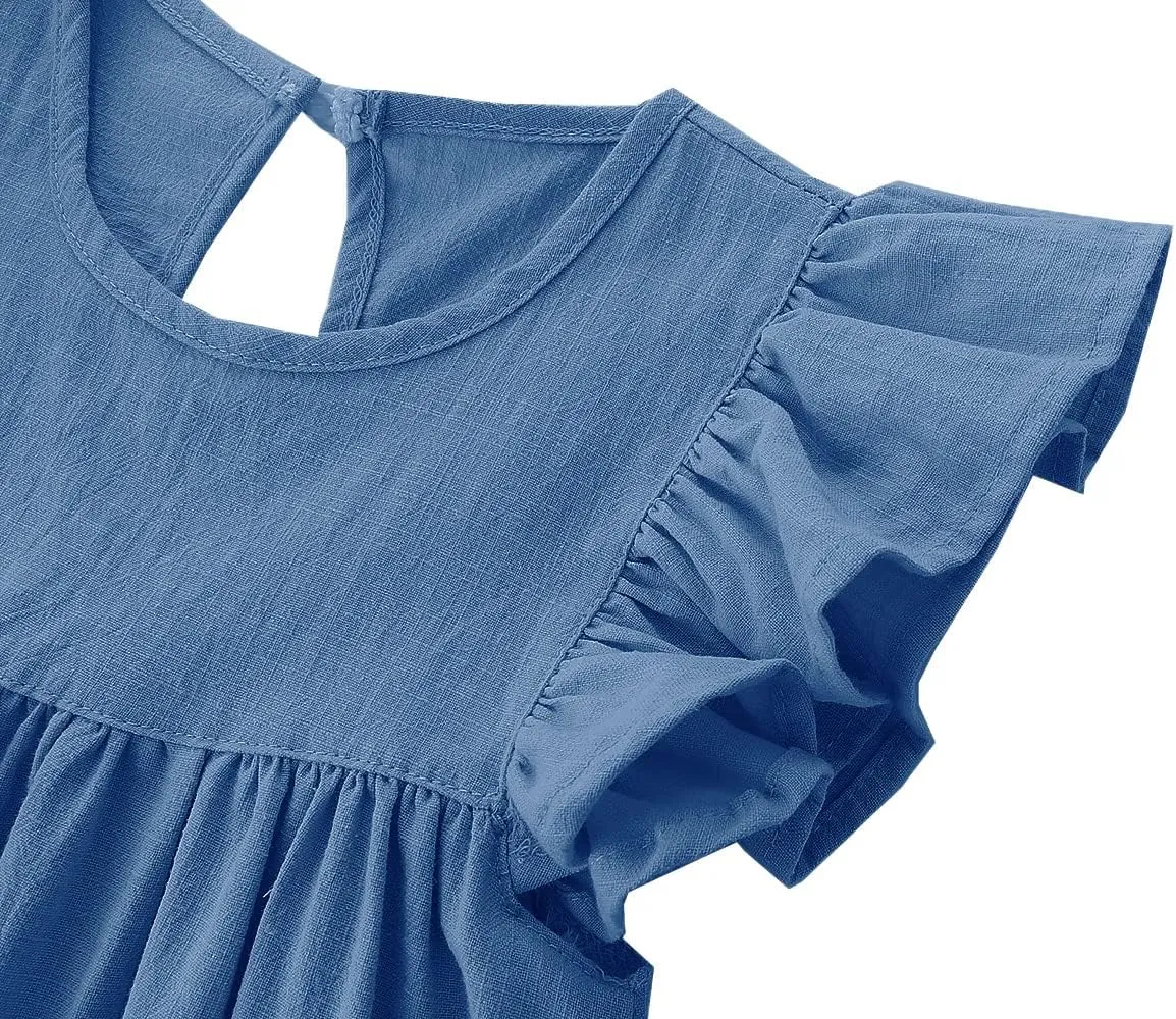 Baby Girls' Summer Cotton Linen Flutter Sleeve Dress Toddler Beach Sundress