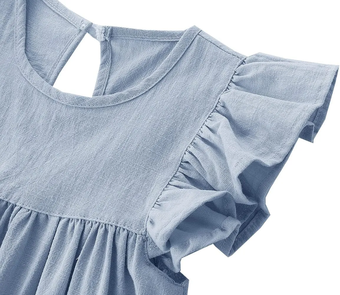 Baby Girls' Summer Cotton Linen Flutter Sleeve Dress Toddler Beach Sundress