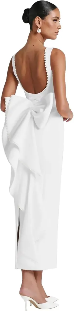 Backless Satin Wedding Guest Dresses Midi Pearl Prom Formal Evening Gown with Bow