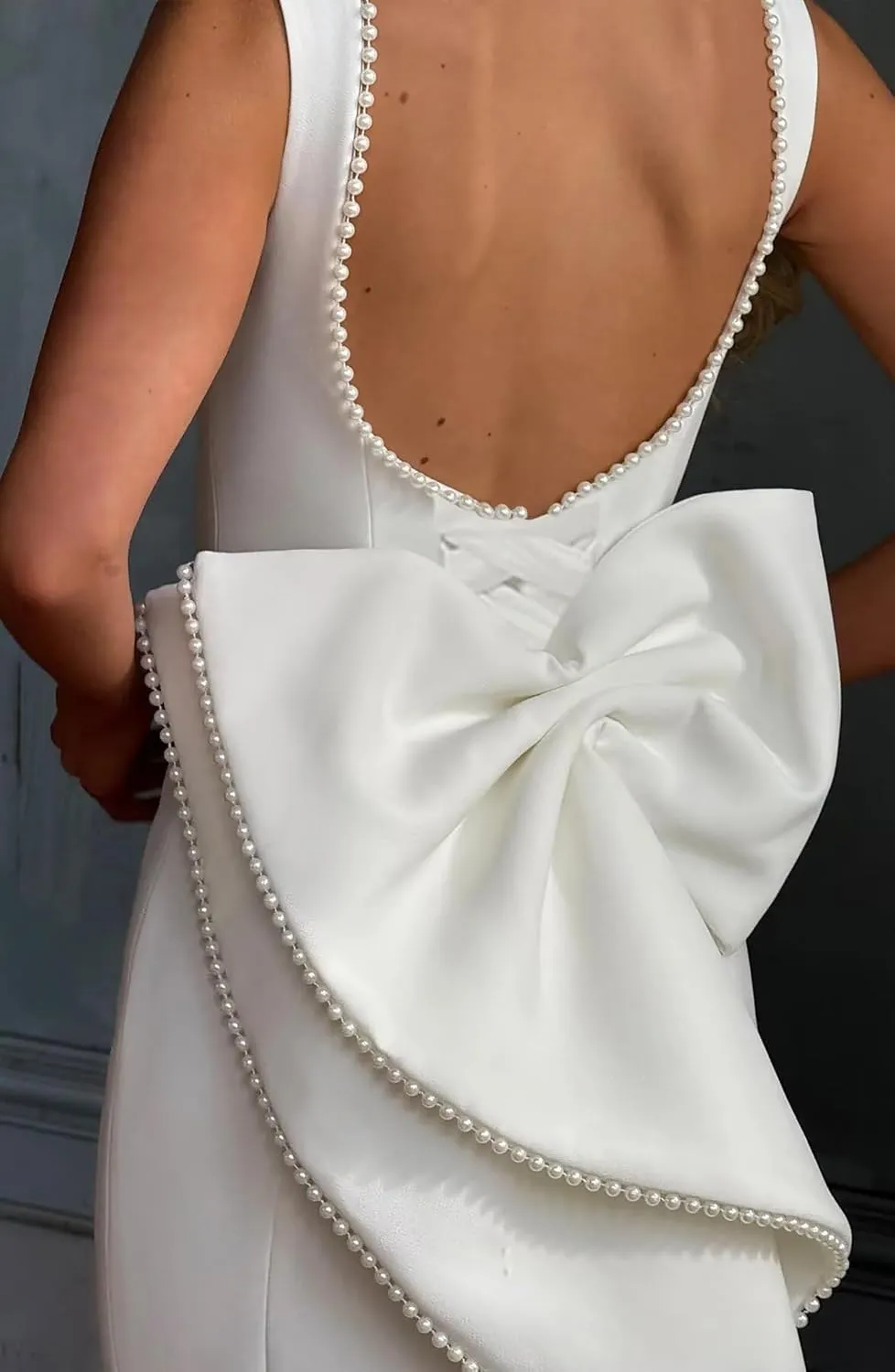 Backless Satin Wedding Guest Dresses Midi Pearl Prom Formal Evening Gown with Bow