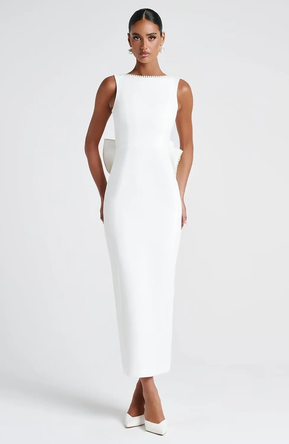 Backless Satin Wedding Guest Dresses Midi Pearl Prom Formal Evening Gown with Bow