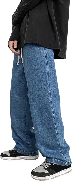 Baggy Jeans Men Elastic Waist Loose Fitted Vintage 90s Denim Pants Y2k Hip Hop Straight Leg Skater Jeans Streetwear