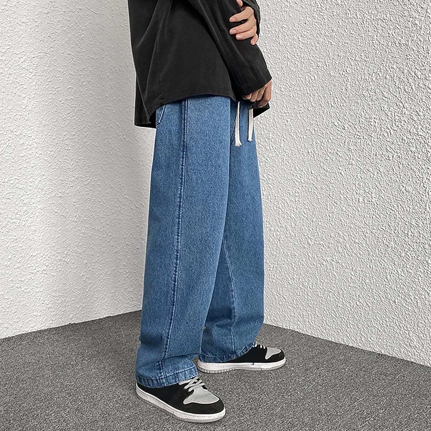 Baggy Jeans Men Elastic Waist Loose Fitted Vintage 90s Denim Pants Y2k Hip Hop Straight Leg Skater Jeans Streetwear