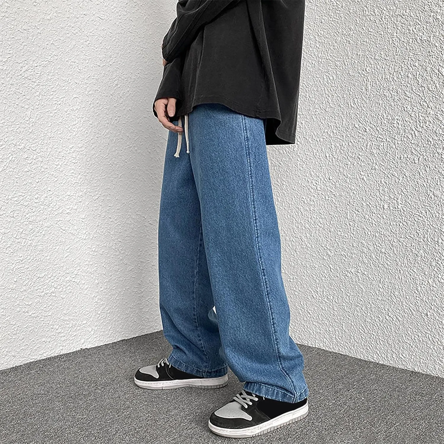 Baggy Jeans Men Elastic Waist Loose Fitted Vintage 90s Denim Pants Y2k Hip Hop Straight Leg Skater Jeans Streetwear