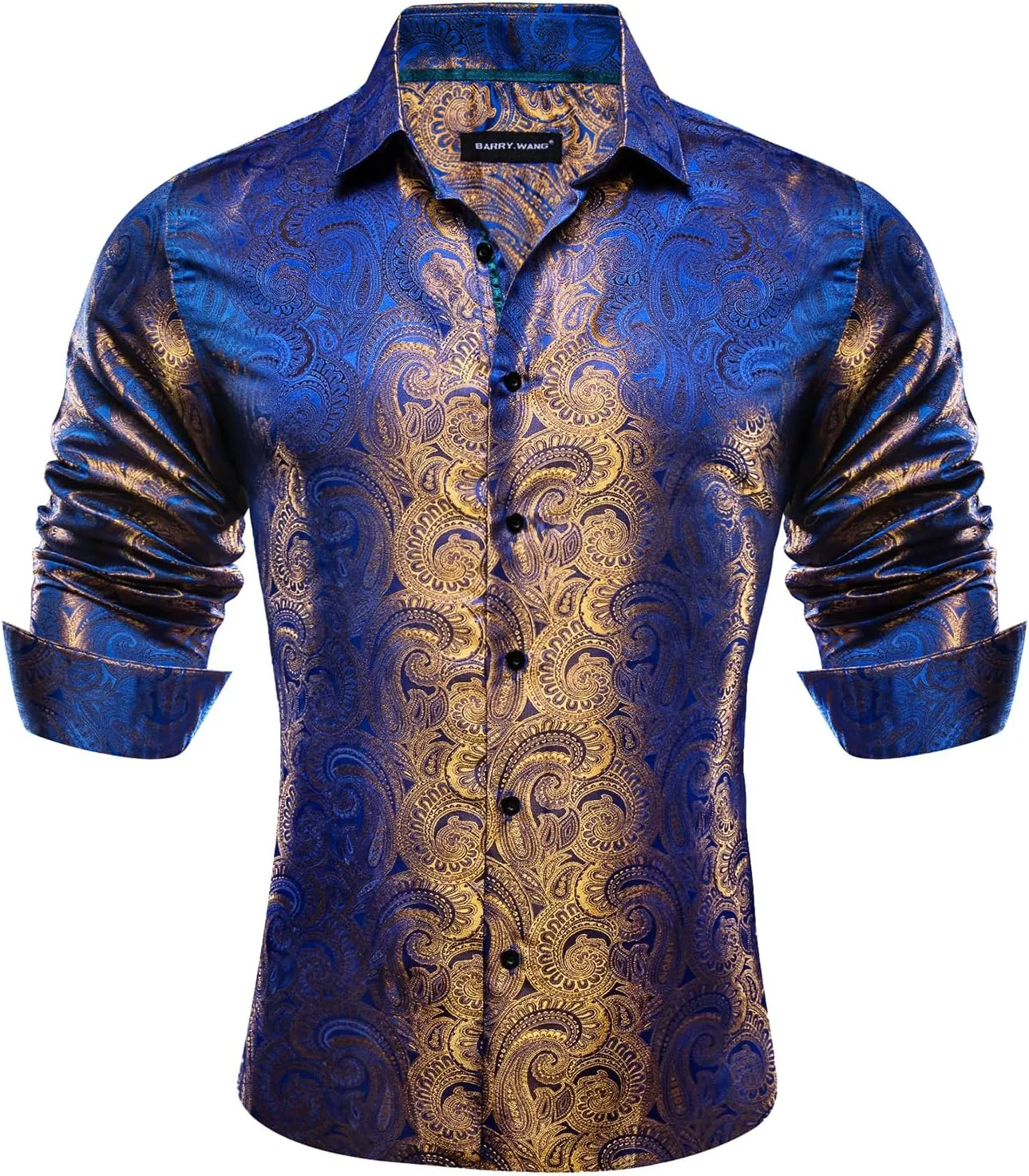 Barry.Wang Men Dress Shirts Paisley 70s Disco Shirt Button Down Silk Long Sleeve Tops for Wedding/Prom/Party/Nightclub
