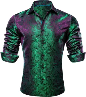 Barry.Wang Men Dress Shirts Paisley 70s Disco Shirt Button Down Silk Long Sleeve Tops for Wedding/Prom/Party/Nightclub