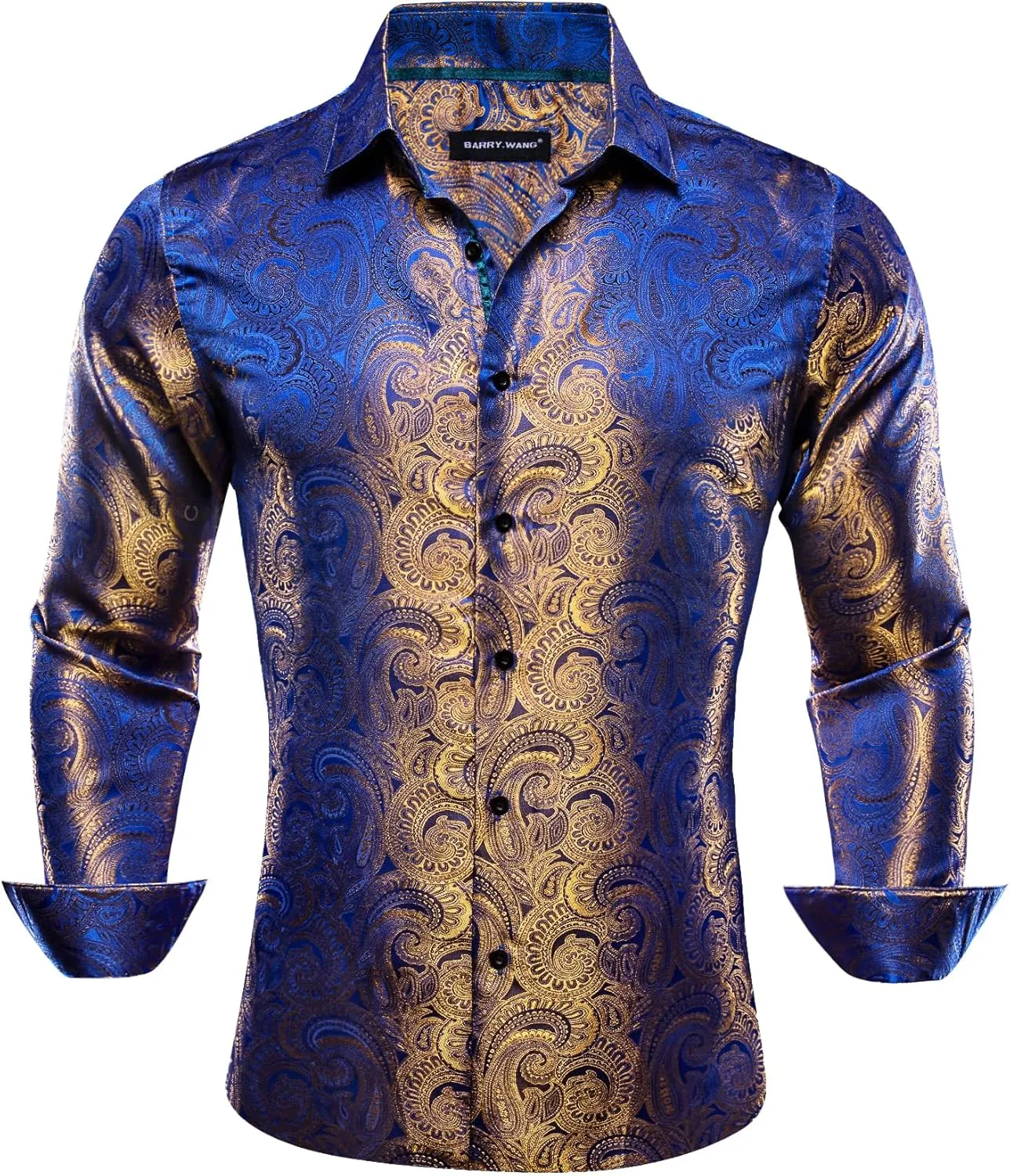 Barry.Wang Men Dress Shirts Paisley 70s Disco Shirt Button Down Silk Long Sleeve Tops for Wedding/Prom/Party/Nightclub