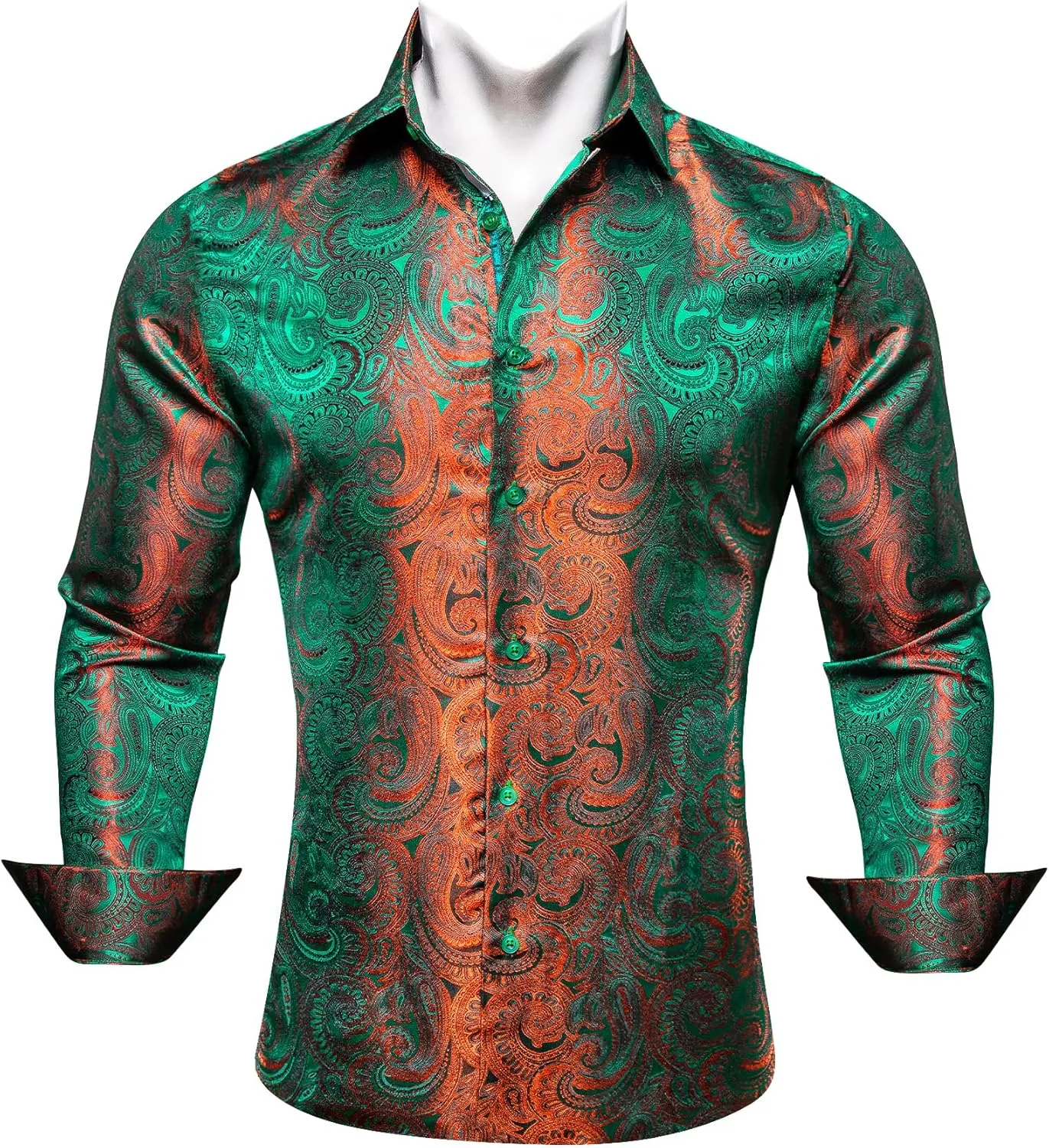 Barry.Wang Men Dress Shirts Paisley 70s Disco Shirt Button Down Silk Long Sleeve Tops for Wedding/Prom/Party/Nightclub