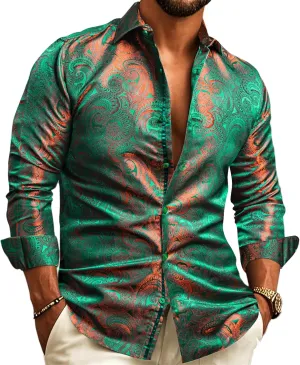 Barry.Wang Men Dress Shirts Paisley 70s Disco Shirt Button Down Silk Long Sleeve Tops for Wedding/Prom/Party/Nightclub