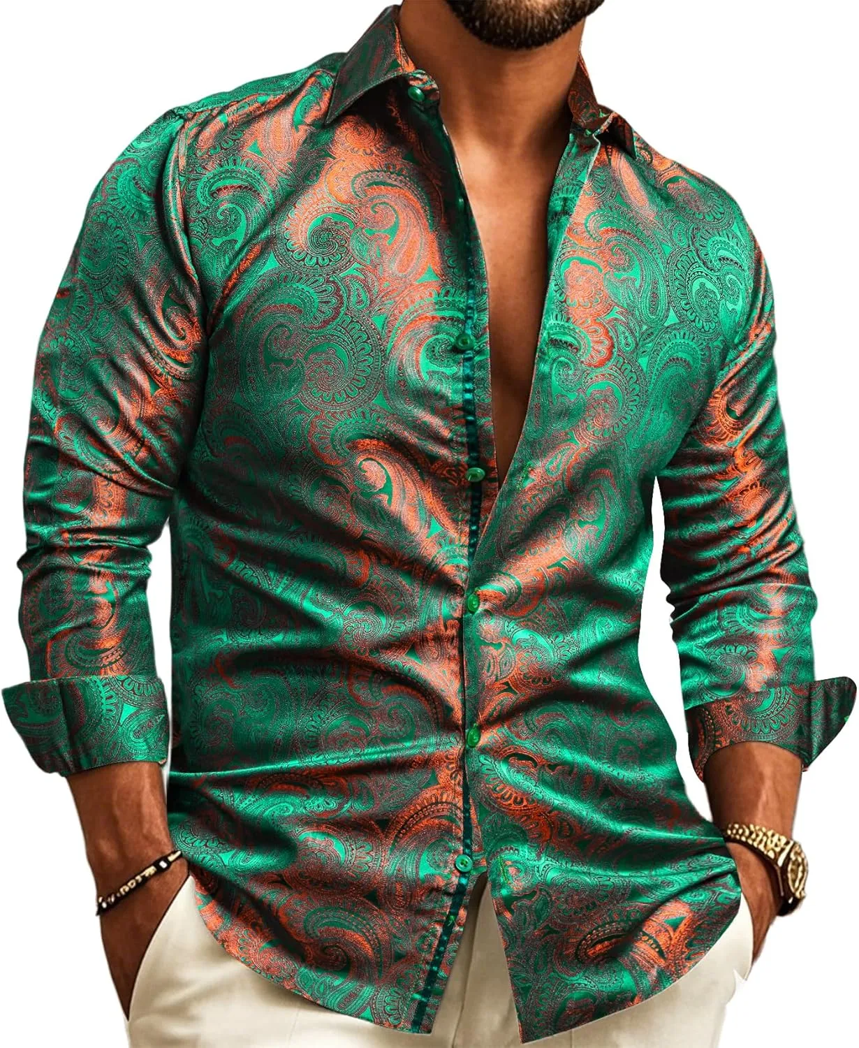 Barry.Wang Men Dress Shirts Paisley 70s Disco Shirt Button Down Silk Long Sleeve Tops for Wedding/Prom/Party/Nightclub