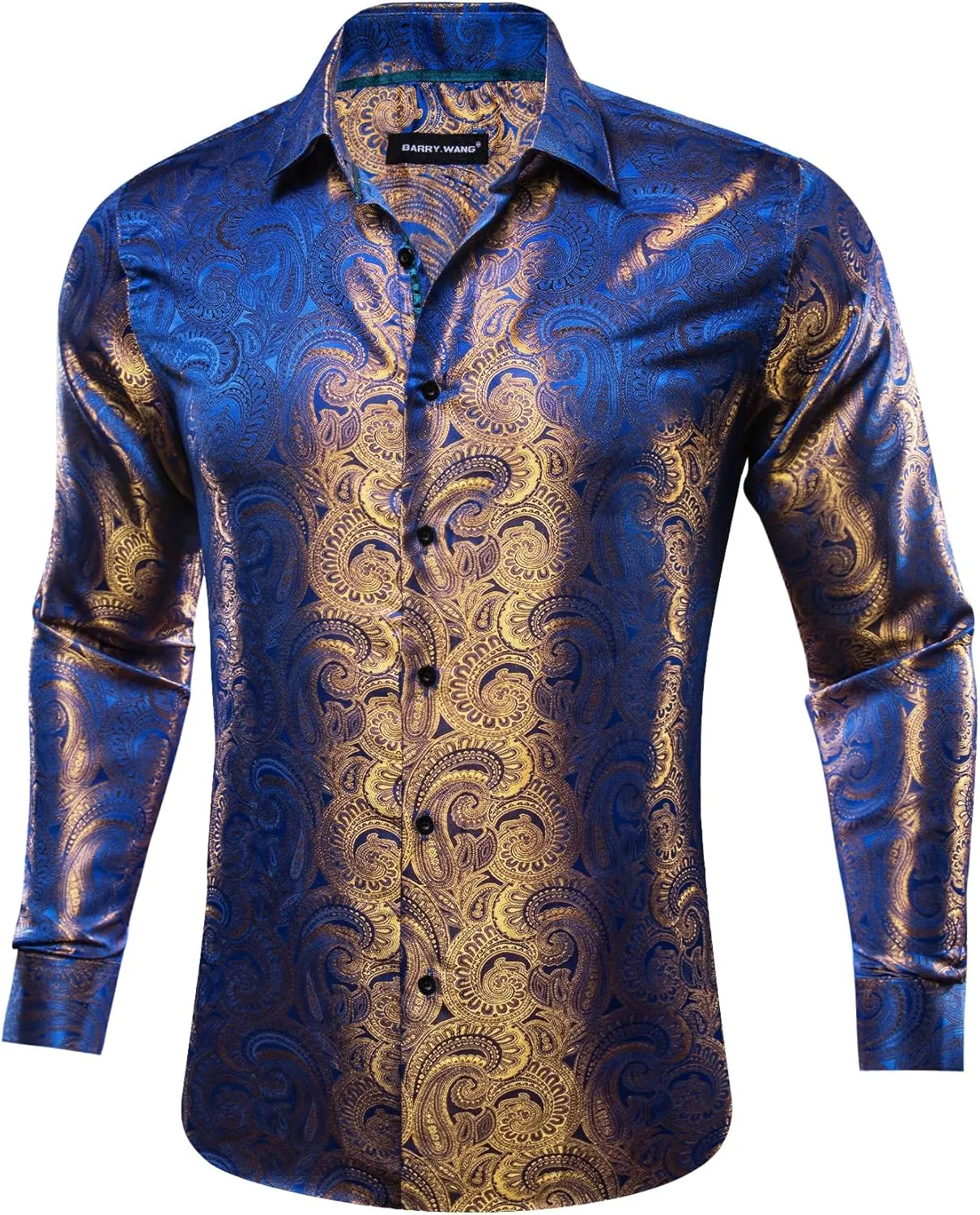 Barry.Wang Men Dress Shirts Paisley 70s Disco Shirt Button Down Silk Long Sleeve Tops for Wedding/Prom/Party/Nightclub