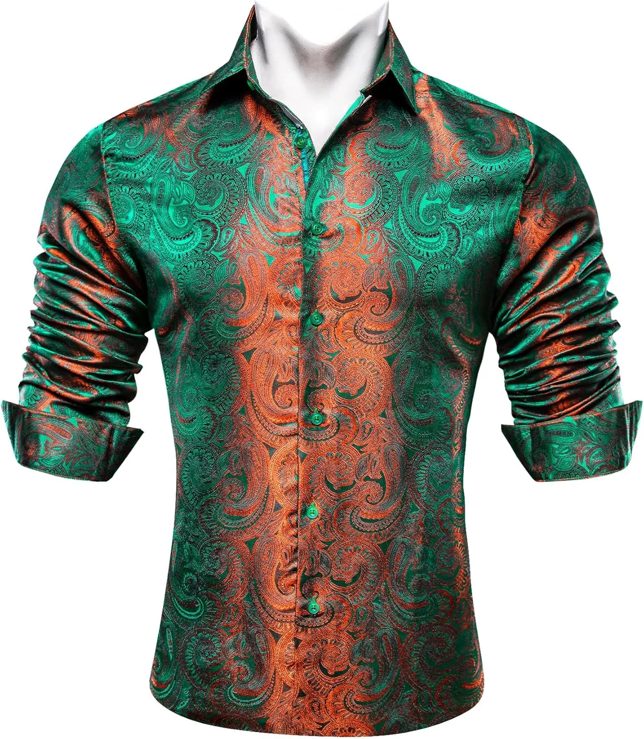 Barry.Wang Men Dress Shirts Paisley 70s Disco Shirt Button Down Silk Long Sleeve Tops for Wedding/Prom/Party/Nightclub