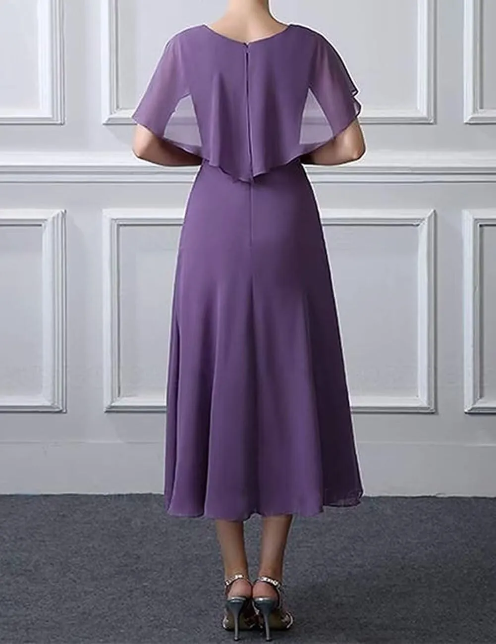Bat Sleeve Mother of The Bride Dresses Tea Length Chiffon A-line Women Formal Wedding Guest Dress