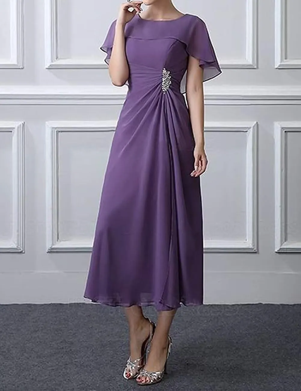 Bat Sleeve Mother of The Bride Dresses Tea Length Chiffon A-line Women Formal Wedding Guest Dress