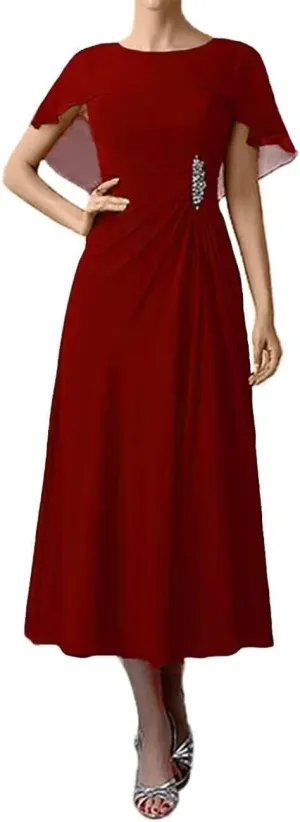 Bat Sleeve Mother of The Bride Dresses Tea Length Chiffon A-line Women Formal Wedding Guest Dress
