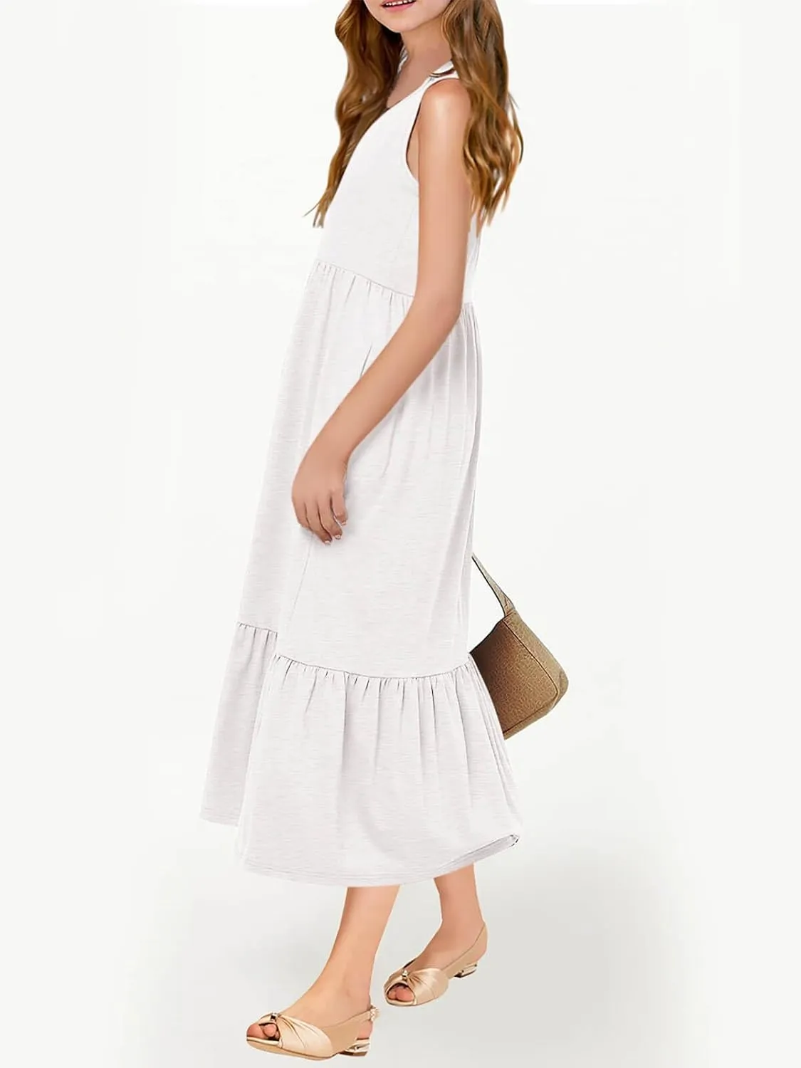 Batermoon Girls Summer Dress Sleeveless Flowy Tiered Casual Long Maxi Dress with Pockets