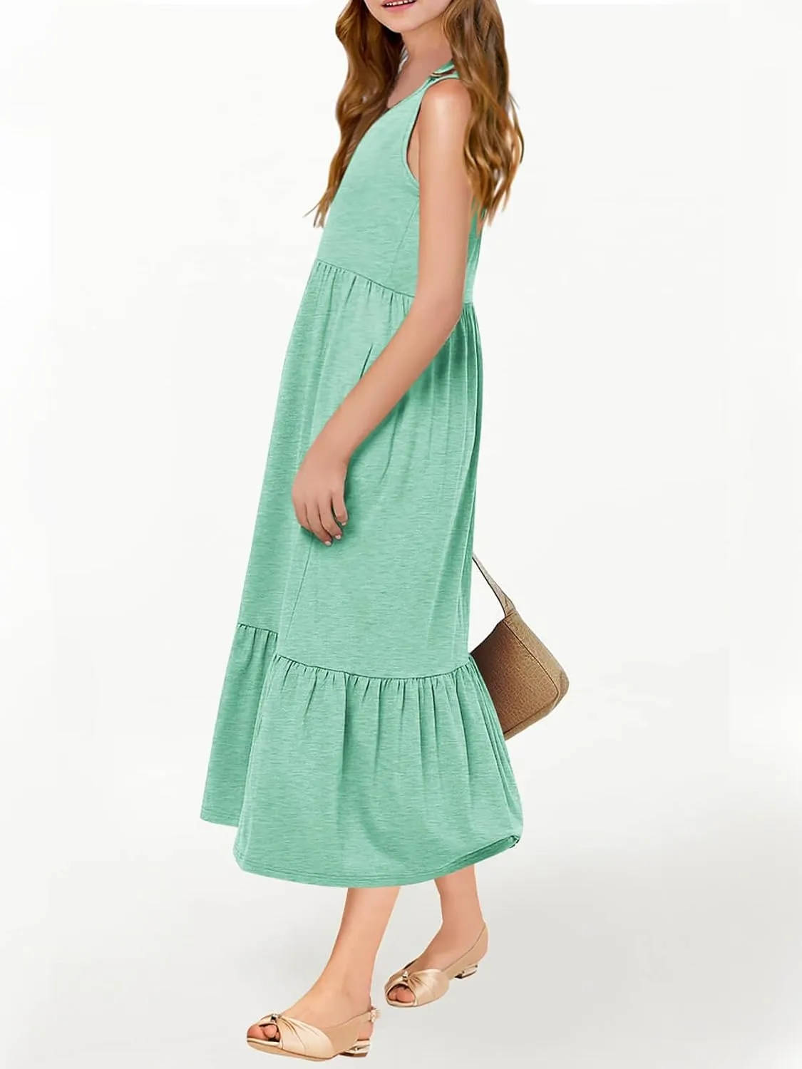 Batermoon Girls Summer Dress Sleeveless Flowy Tiered Casual Long Maxi Dress with Pockets