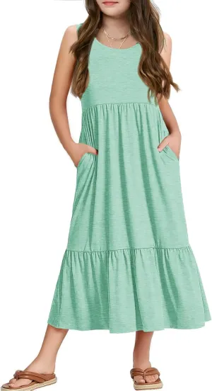 Batermoon Girls Summer Dress Sleeveless Flowy Tiered Casual Long Maxi Dress with Pockets