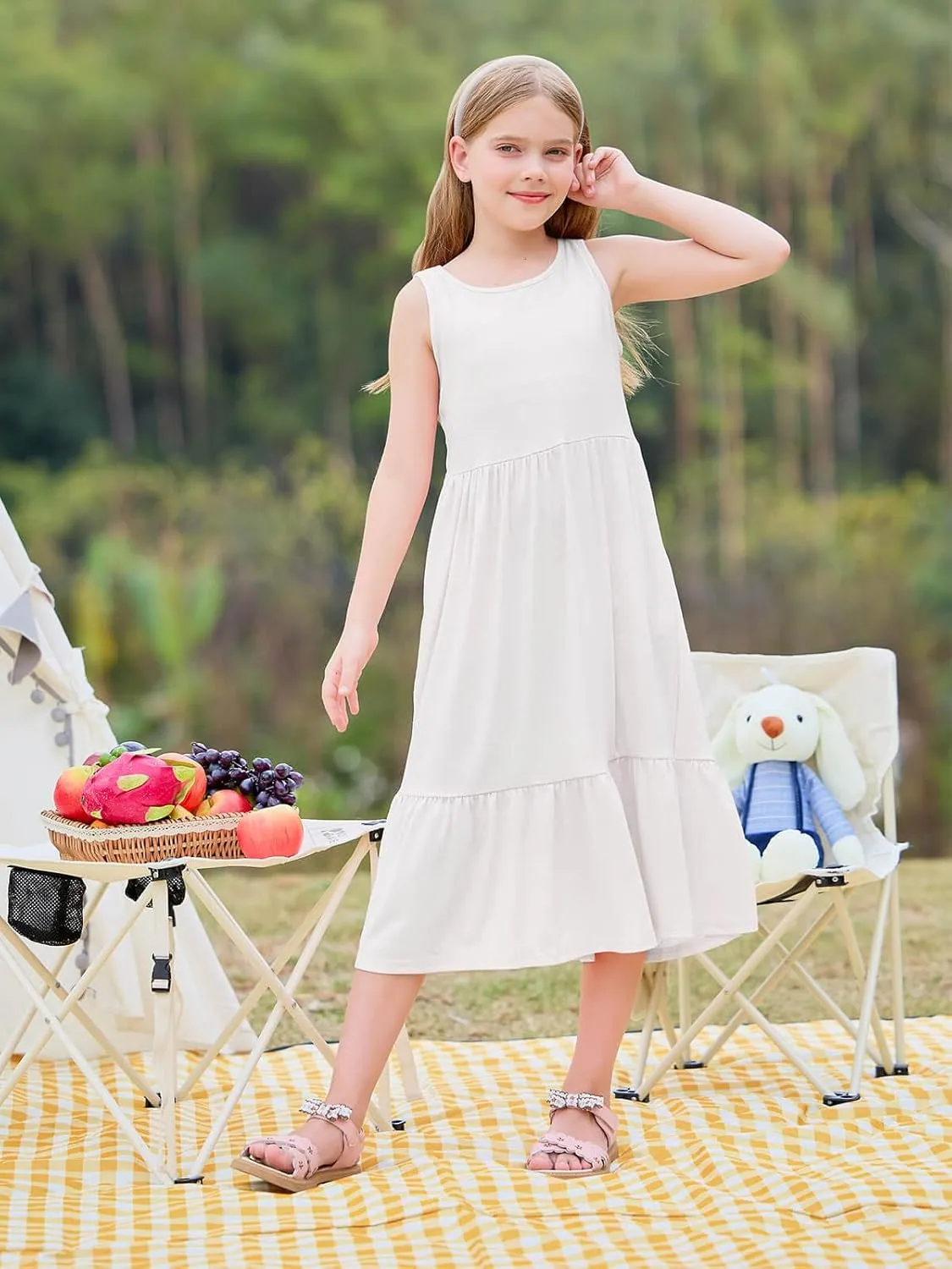 Batermoon Girls Summer Dress Sleeveless Flowy Tiered Casual Long Maxi Dress with Pockets