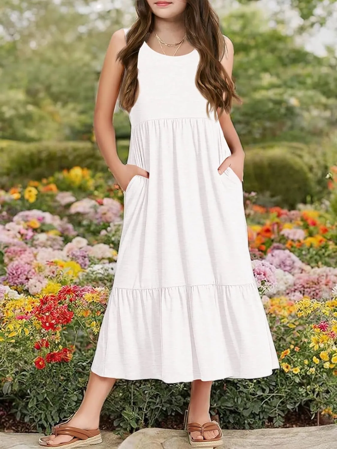Batermoon Girls Summer Dress Sleeveless Flowy Tiered Casual Long Maxi Dress with Pockets