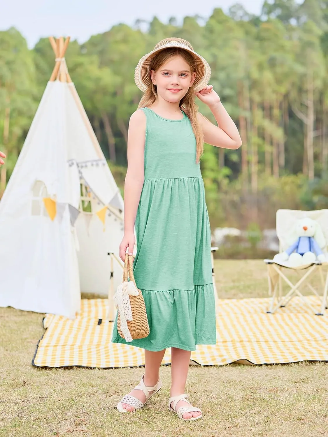 Batermoon Girls Summer Dress Sleeveless Flowy Tiered Casual Long Maxi Dress with Pockets
