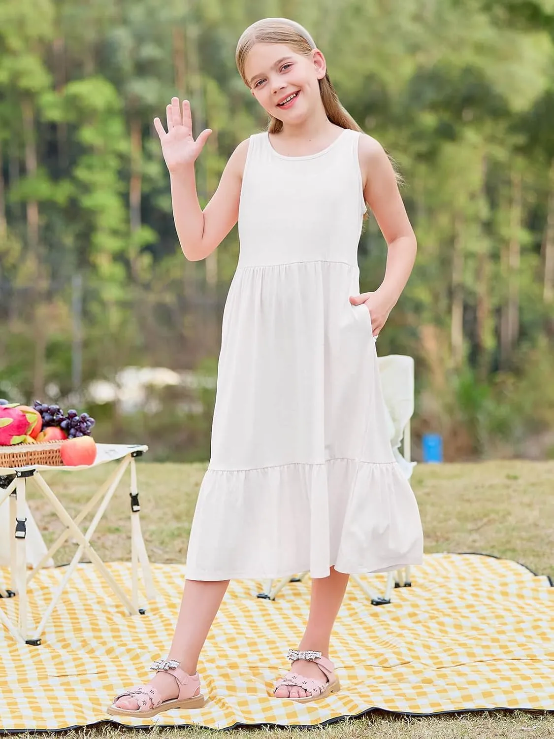 Batermoon Girls Summer Dress Sleeveless Flowy Tiered Casual Long Maxi Dress with Pockets