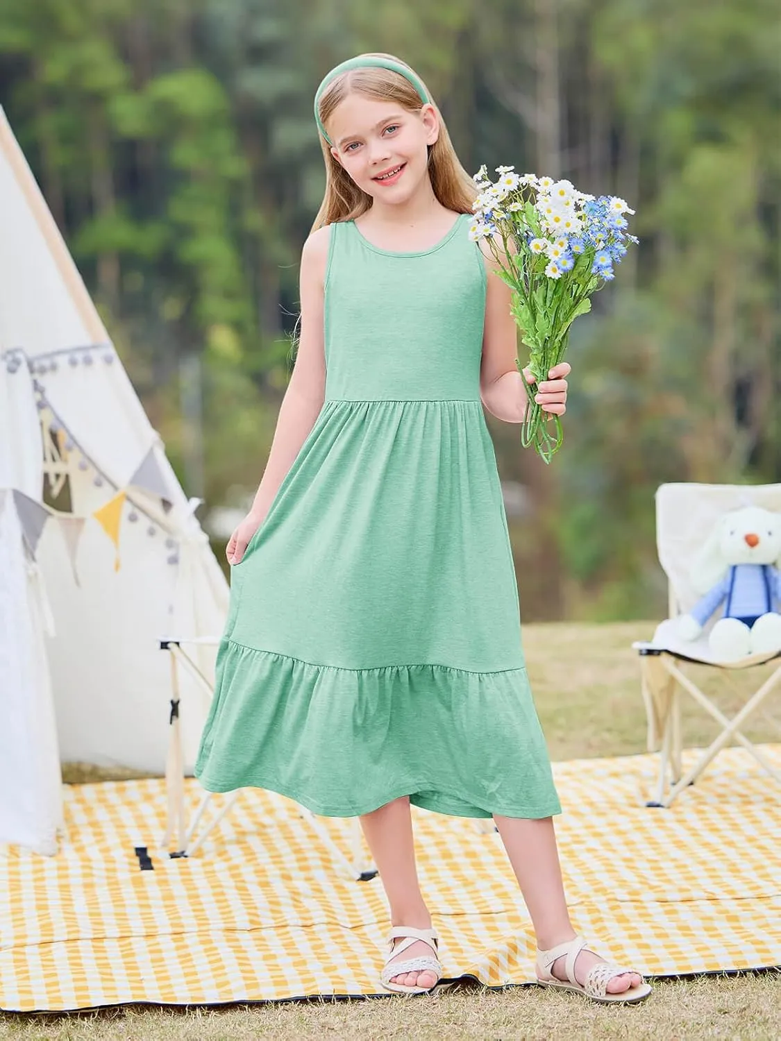 Batermoon Girls Summer Dress Sleeveless Flowy Tiered Casual Long Maxi Dress with Pockets