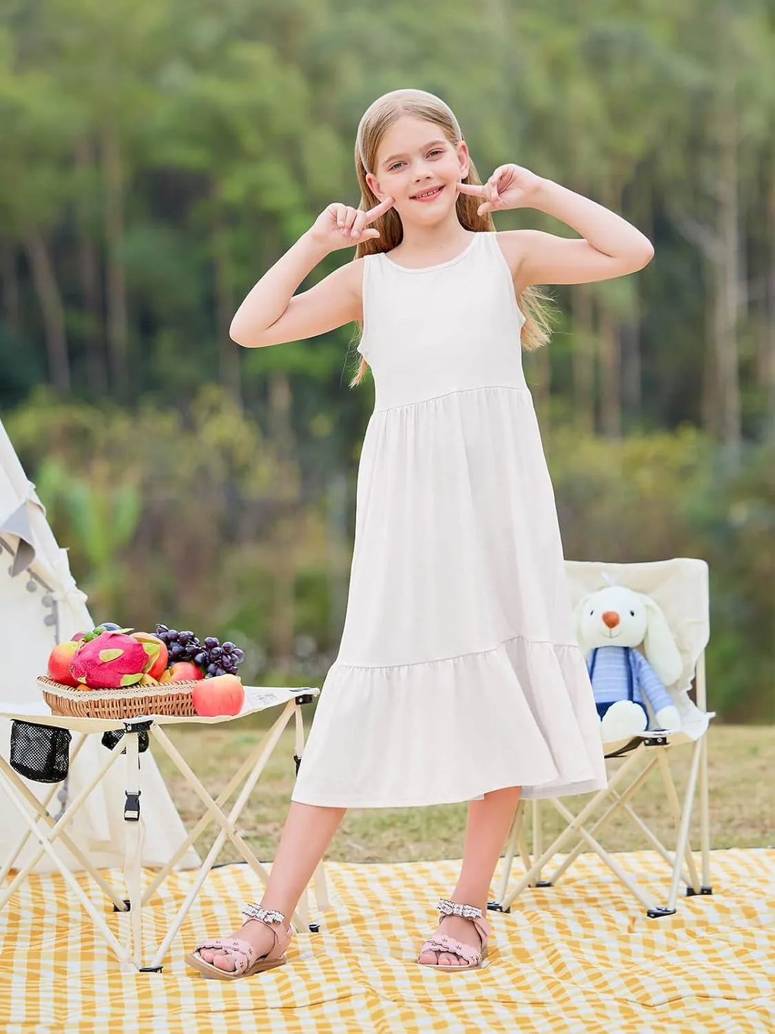 Batermoon Girls Summer Dress Sleeveless Flowy Tiered Casual Long Maxi Dress with Pockets