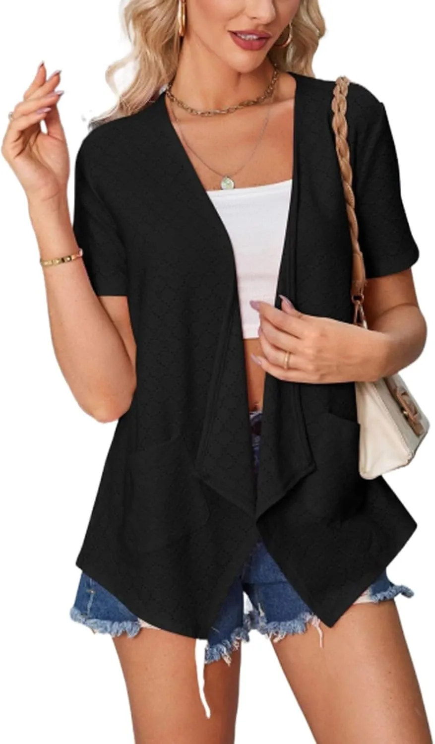 Blostirno Women's Short Sleeve Cardigan Open Front V Neck Lightweight Bolero Cropped Shrug Summer Hollow Out Tops with Pocket