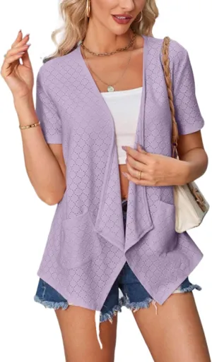 Blostirno Women's Short Sleeve Cardigan Open Front V Neck Lightweight Bolero Cropped Shrug Summer Hollow Out Tops with Pocket
