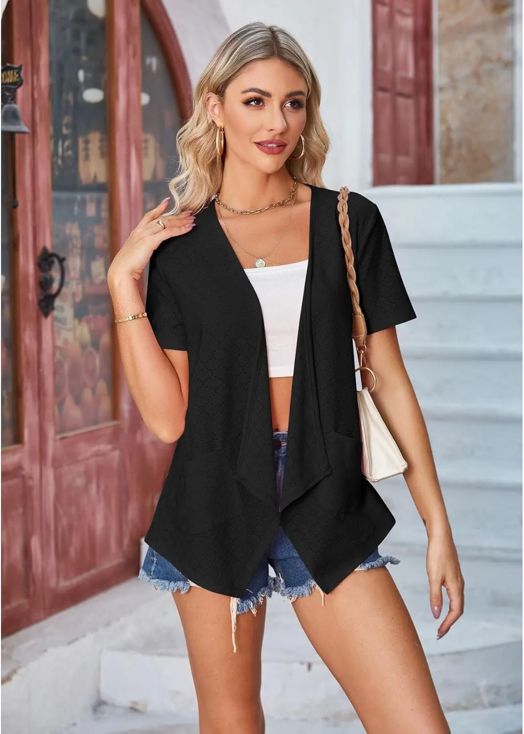 Blostirno Women's Short Sleeve Cardigan Open Front V Neck Lightweight Bolero Cropped Shrug Summer Hollow Out Tops with Pocket
