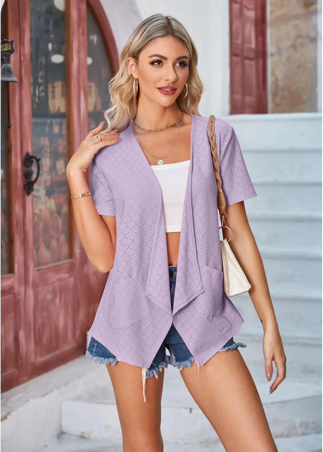 Blostirno Women's Short Sleeve Cardigan Open Front V Neck Lightweight Bolero Cropped Shrug Summer Hollow Out Tops with Pocket