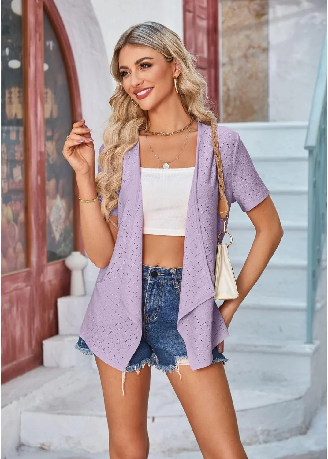 Blostirno Women's Short Sleeve Cardigan Open Front V Neck Lightweight Bolero Cropped Shrug Summer Hollow Out Tops with Pocket