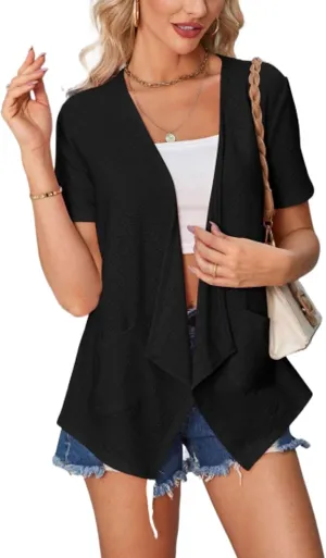 Blostirno Women's Short Sleeve Cardigan Open Front V Neck Lightweight Bolero Cropped Shrug Summer Hollow Out Tops with Pocket