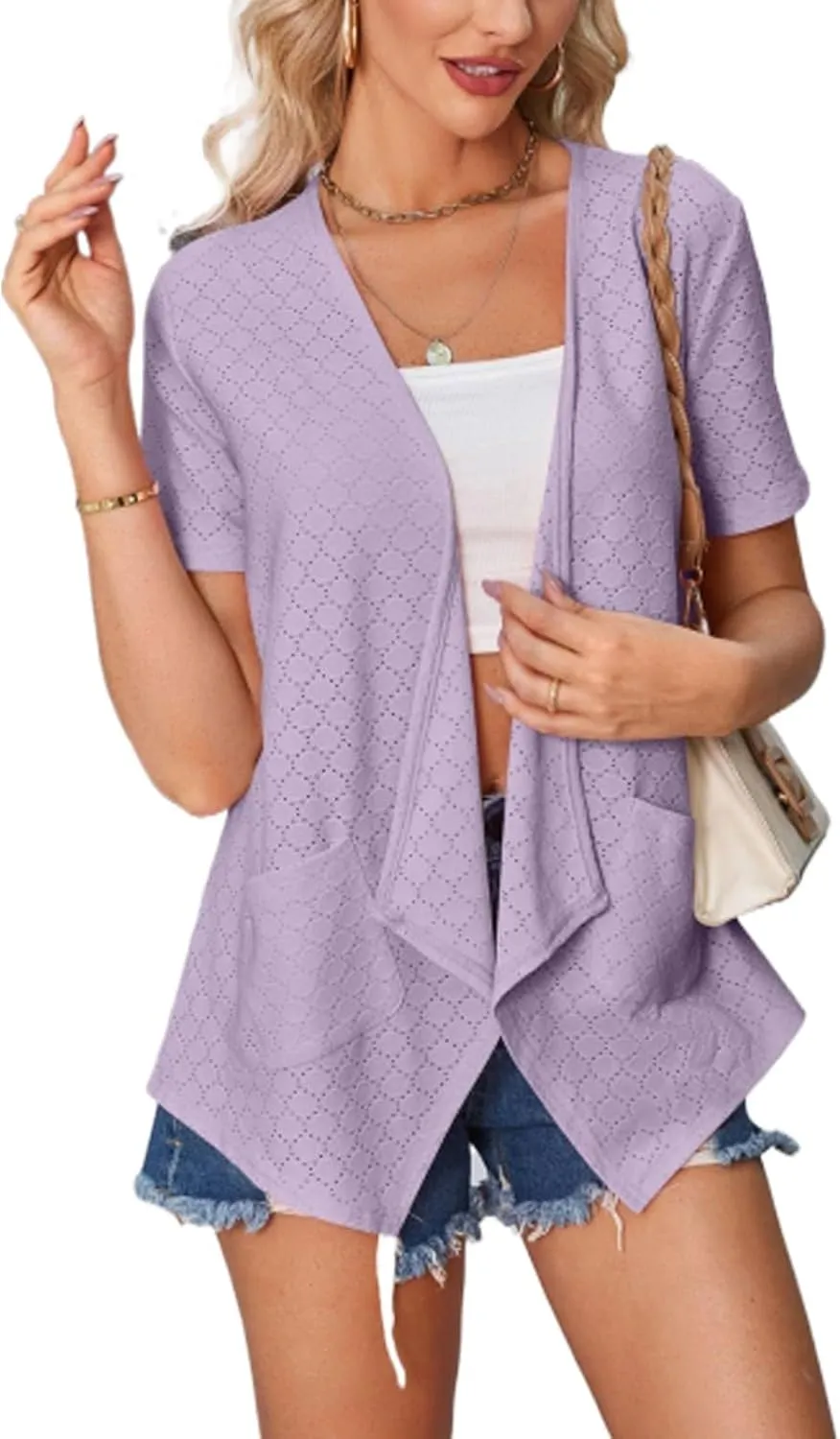 Blostirno Women's Short Sleeve Cardigan Open Front V Neck Lightweight Bolero Cropped Shrug Summer Hollow Out Tops with Pocket