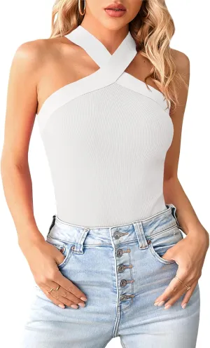 Bodosalia Women Criss Cross Halter Tank Top Solid Ribbed Sleeveless Shirts Summer Casual Basic Cami