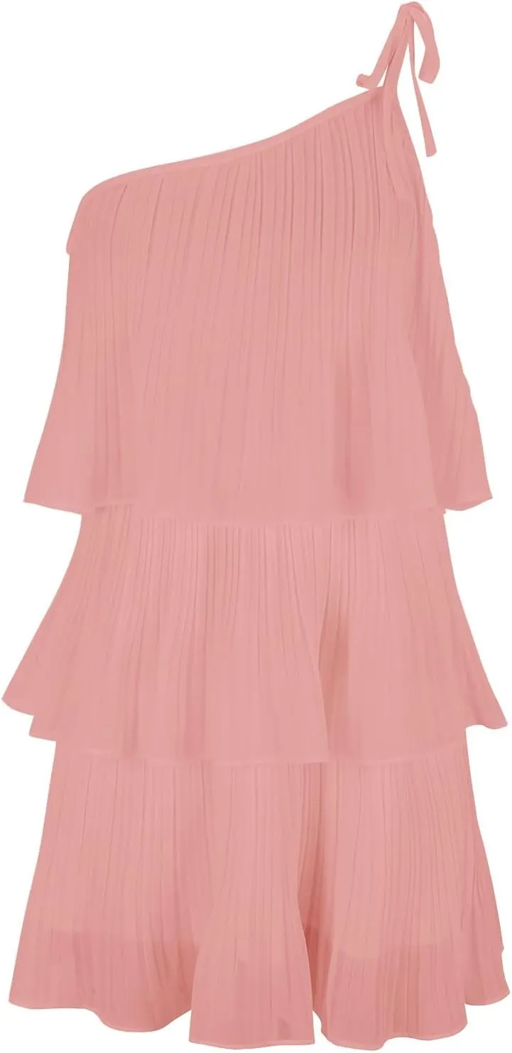 Boho Summer Tie Strap Dress for Women One Shoulder Flowy Ruffle Beach Mini Dress Spaghetti Strap Floral Print Beach Dress