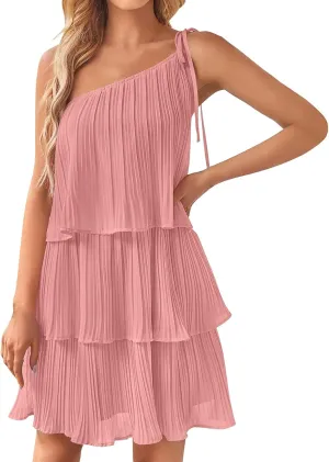 Boho Summer Tie Strap Dress for Women One Shoulder Flowy Ruffle Beach Mini Dress Spaghetti Strap Floral Print Beach Dress