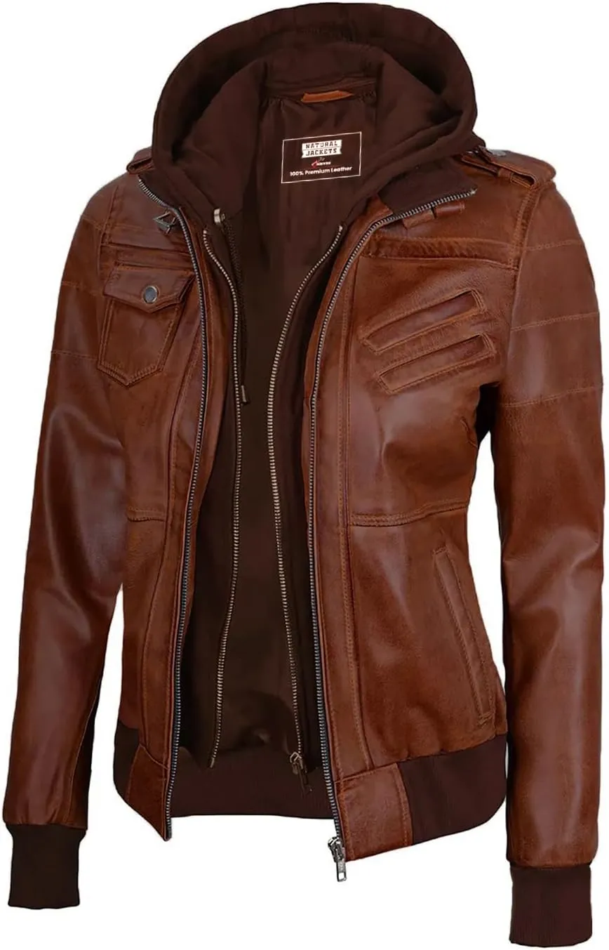 Bomber Leather Jacket Women - Real Lambksin Womens Leather Jacket With Removable Hood