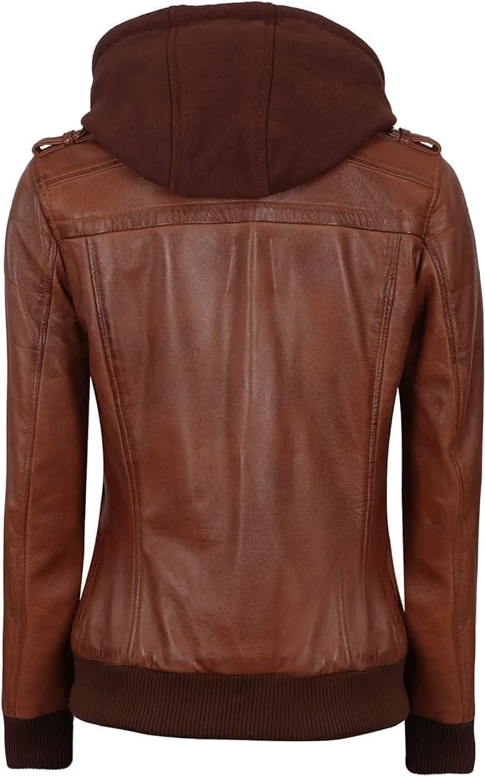 Bomber Leather Jacket Women - Real Lambksin Womens Leather Jacket With Removable Hood