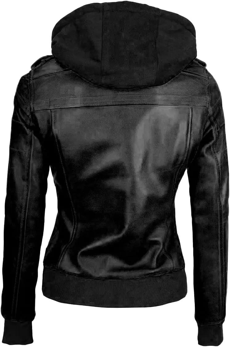 Bomber Leather Jacket Women - Real Lambksin Womens Leather Jacket With Removable Hood