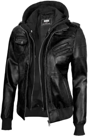 Bomber Leather Jacket Women - Real Lambksin Womens Leather Jacket With Removable Hood