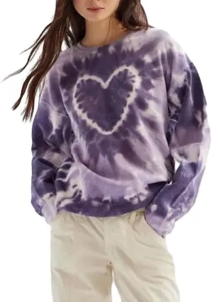 Bowanadacles Women's Heart Tie-dye Print Oversized Sweatshirt Long Sleeve Crewneck Pullover tops Valentine's Day Clothes