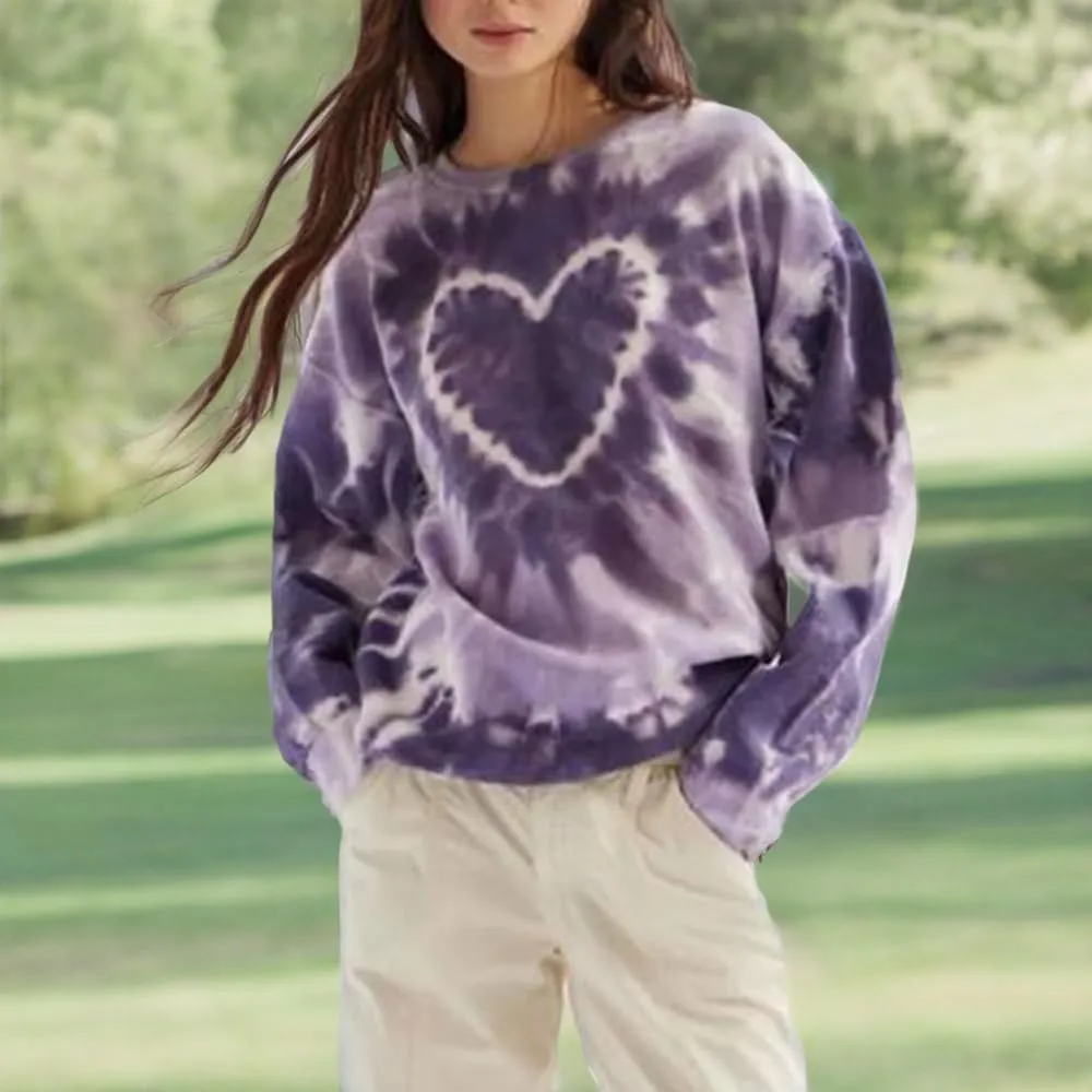 Bowanadacles Women's Heart Tie-dye Print Oversized Sweatshirt Long Sleeve Crewneck Pullover tops Valentine's Day Clothes
